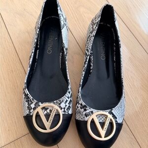 Valentino Snakeskin Black Flats with Gold Accent